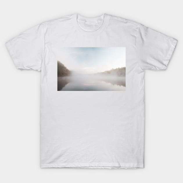 Landscape early morning fog just above the water level partly of Connecticut Rive T-Shirt by brians101